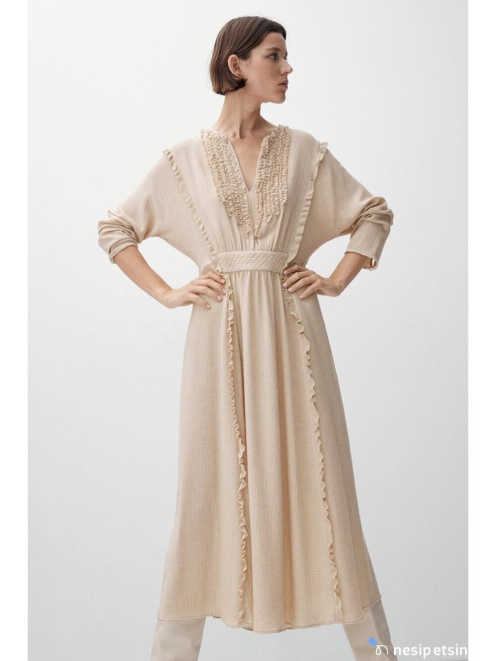 Massimo Dutti Beige Textured Long-Sleeve Midi Dress Ruffle & V-Neckline Size M